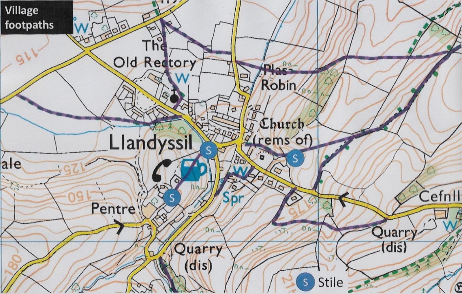 A map showing short footpaths around Llandyssil